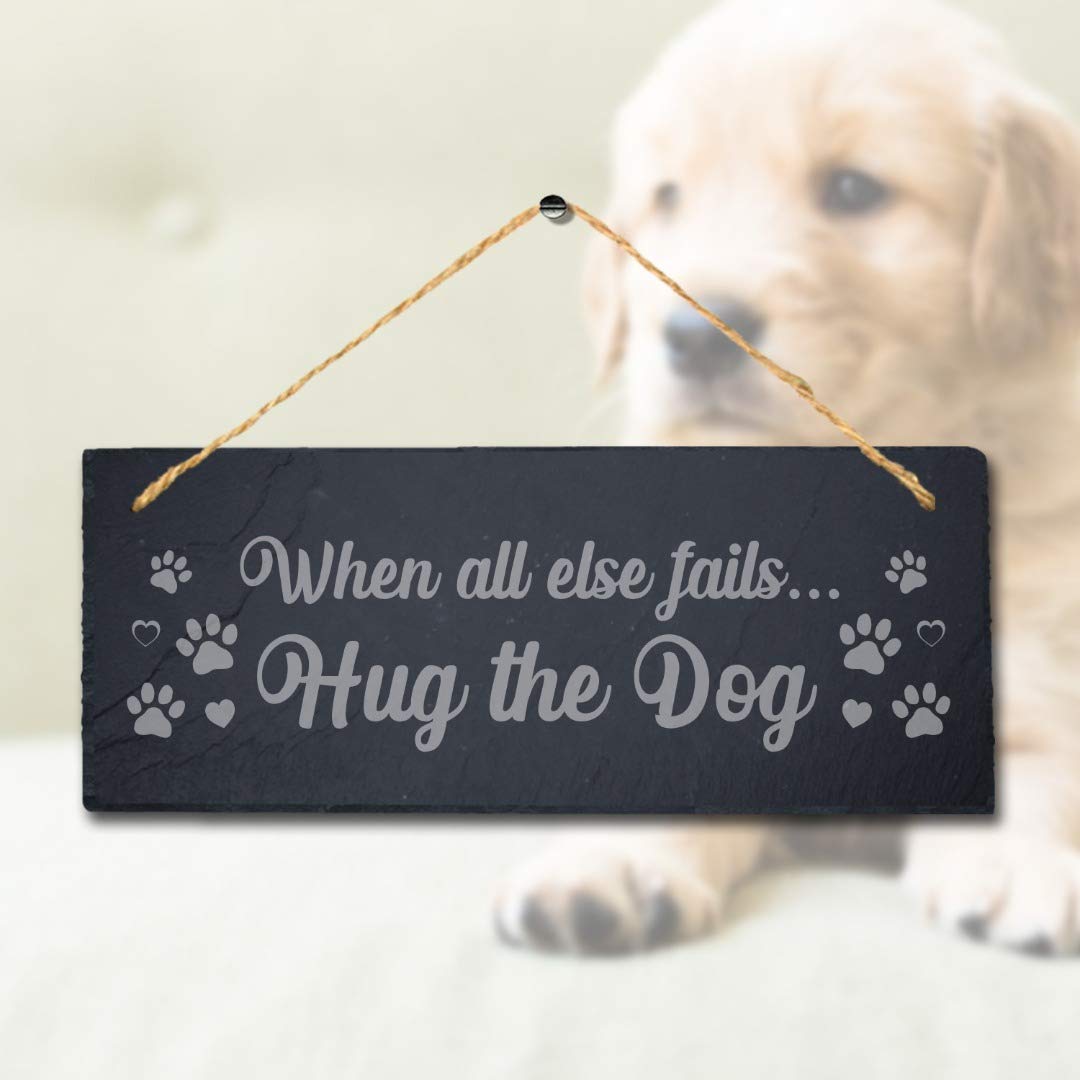 Stukk Buddy Laser Kitten Puppy Pup Home Door Gate Sign (Hug The Dog), Natural Engraved Slate Stone Plaque, 30x12cm (Large)