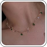 Aneneiceera Vintage Tiny Teardrop Emerald Dangle Necklace Cz Rhinestone Choker Necklaces Emerald Pendant Necklaces Small Green Square Necklace Jewelry for Women