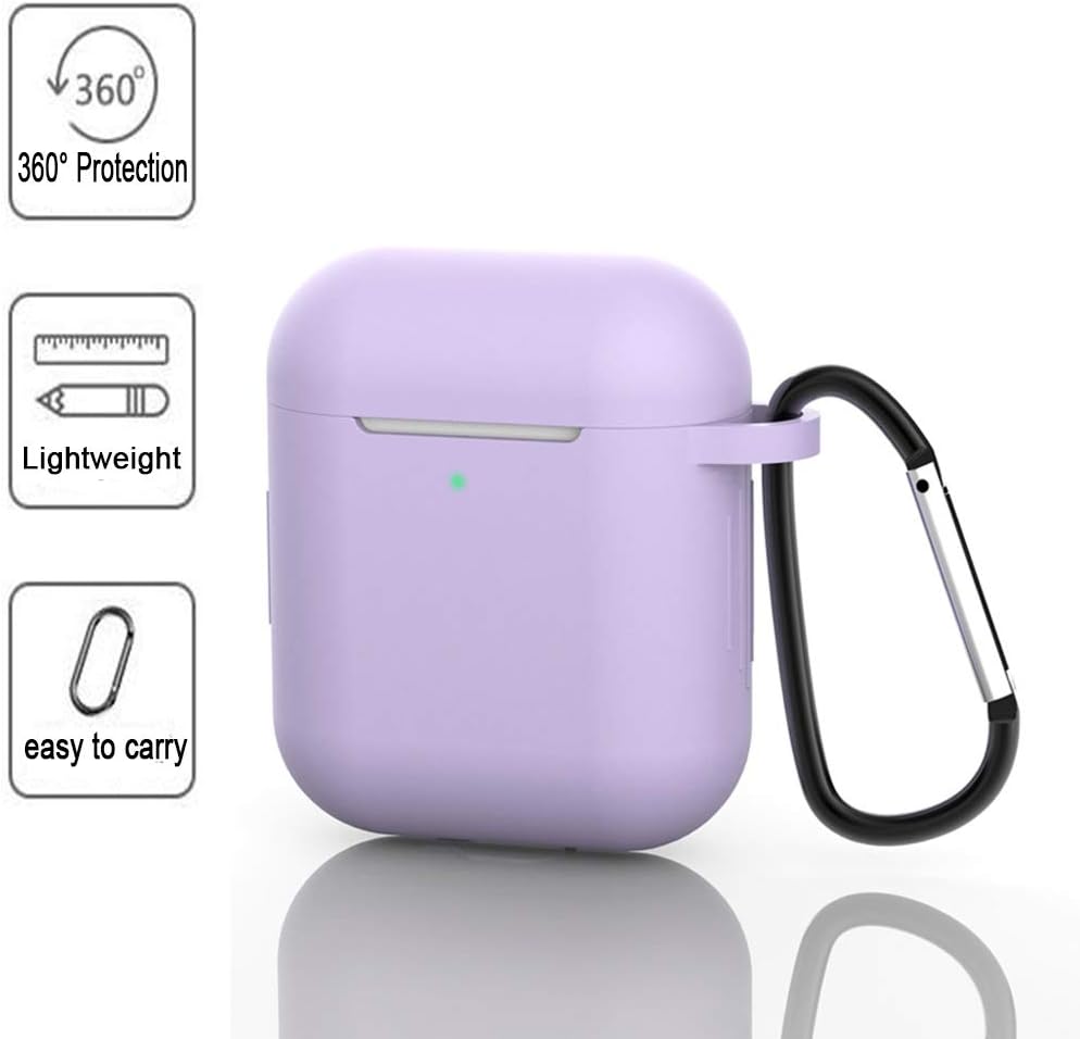 AirPods Case Cover,Silicone Protective Case for AirPods 1/2 Shock Resistant Waterproof AirPods Cover with Carabiner Anti-lost Strap Anti-Dust Plug Front LED indicator Visible (Violet)