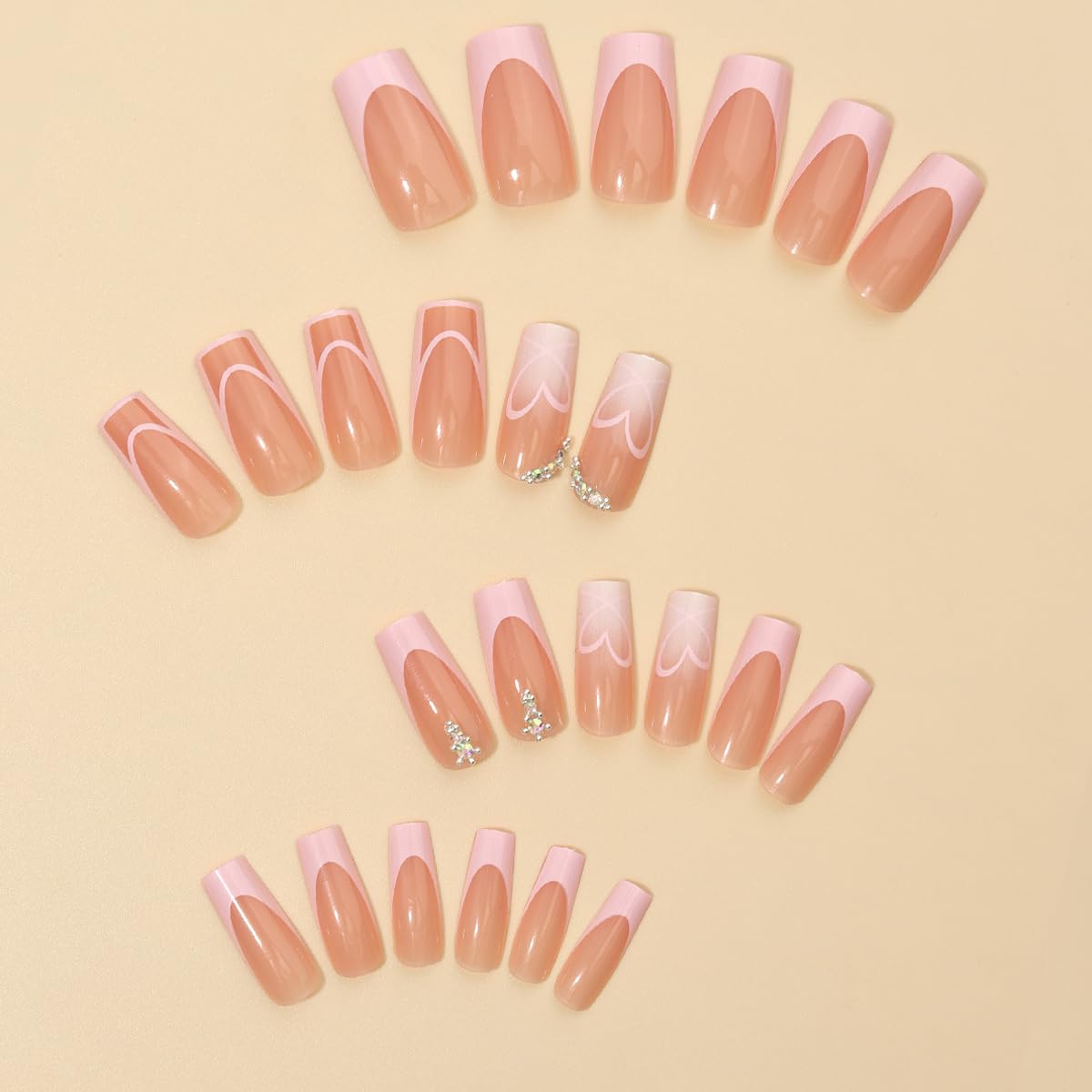 Pink French Tip Press on Nails Long Gradient Coffin Shape Nude Nails Fake Nails with Design French Nails Press ons Cute Heart Line Stick on Nails Medium Square Acrylic Nails for Women Daily Wear 24Pcs - Image 3