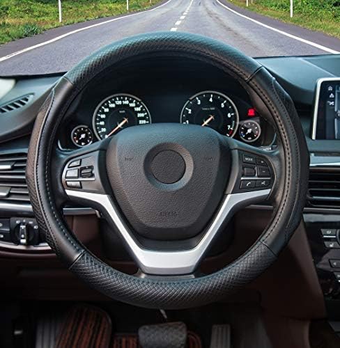 Super Accessories Auto Steering Wheel Cover Leather Black Universal 15 inch Fashion Feel Comfortable with Genuine Leather Steering Wheel Cover for Car Truck SUV (Black with Black Lines)