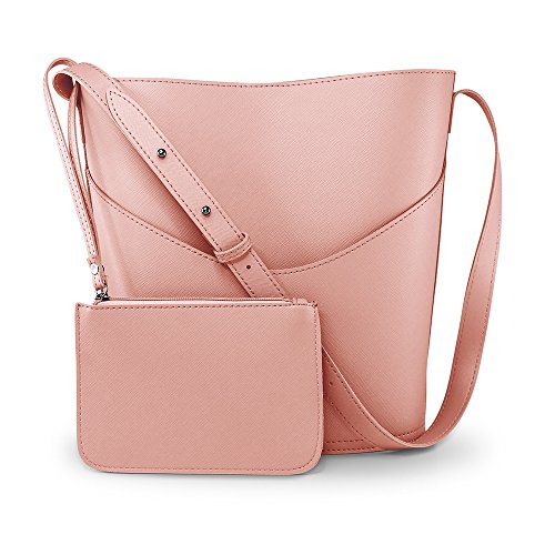 Oct17 Women Faux Leather Bucket Tote Shoulder Bag Fashion Ladies Handbag Purse with Small Bag - Pink