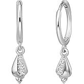 Dainty Conch Shell Dangle Hoop Earrings for Women, Small Huggie Hoops with Drop CZ Charm, Hypoallergenic Summer Beach Jewelry for Her