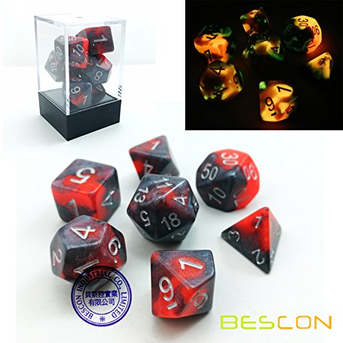 Bescon Two-Tone Glow-in-The-Dark Polyhedral Dice Set HOT Rocks, Luminous RPG Dice Set d4 d6 d8 d10 d12 d20 d% Brick Box Pack
