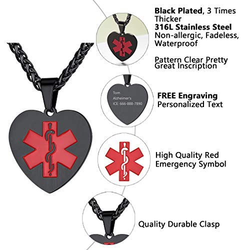Supcare Heart Necklace Alert ID Alert Jewelry Stainless Steel Black Plated, Women/Men/Kids Medical Tag Necklace Emergency Identification Necklace Jewelry