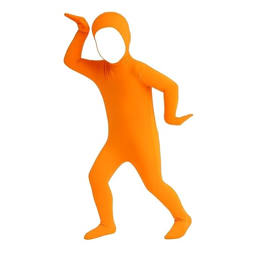 Kids Orange Body suit Open Face Full Bodysuit Spandex Zentai Funny Clothes with Face Hole Stretchy Back Zipper