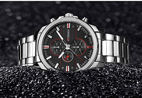 Curren 8274 - Reloj de Cuarzo para Hombre con Esfera analógica de Zona horaria y Correa de Acero Plateado, Esfera Negra - Imagen 4