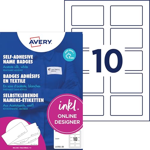 Avery L4785-20 Printable Name badge Stickers – Customisable, 80 x 50 mm, 10 per Sheet, 200 Badges Total