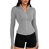 Auxo Workout Jackets for Woman Reflective UPF 50+ Zip Up Cropped Running Jacket Gym Yoga Tops with Pockets Gray Large
