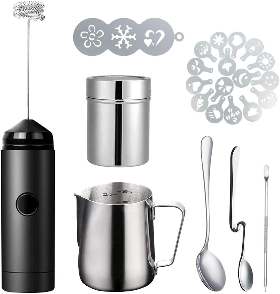 Milk Frother Handheld Coffee Art Set - with Milk Frother Pitcher, Powder Cocoa Shaker, Latte Art Pen, Coffee Stencils, Coffee Spoons