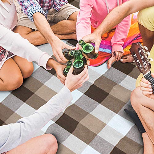 ZORMY Extra Large Picnic Blanket 3 Layers for Waterproof Beach Handy Mat Brown and White Checkered Camping Mat Great for Outdoor Picnic, Beach, Camping, Camping on Grass and Portable