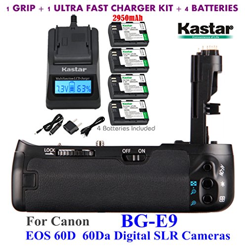 Kastar Pro Multi-Power Vertical Battery Grip (Replacement for BG-E9) + 4x LP-E6 Replacement Batteries + Ultra Fast Charger Kit for Canon EOS 60D 60Da Digital SLR Cameras