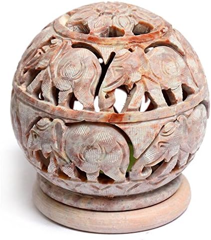 Artist Haat Handcarved Soapstone Round Small Tealight Candle Holder with Elephant Shaped Carving Work (Beige, 3"X3.5"X3" Inch.)