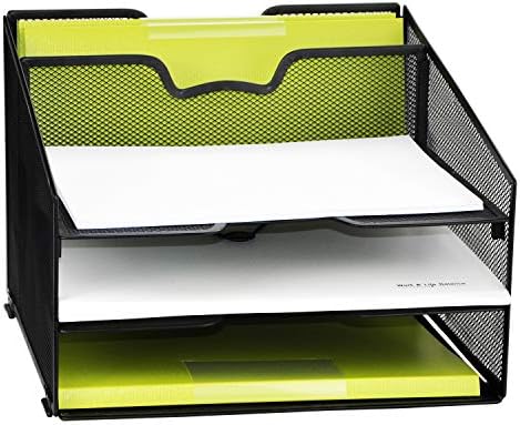 Office Desk Organizer, Sinhoveer Desk Supplies with 3 Paper Trays and 1 Vertical Upright Section, Suitable for Organizing A4 Papers, Files, File Folders, Black