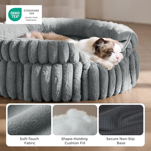 BEDSURE Fluffy Cat Bed for Indoor Cats - 58 x 58 cm Small Round Cat Bed, Washable Large Cat Bed for Kittens and Puppies with Non-Slip Base and Removable Cushion, Grey