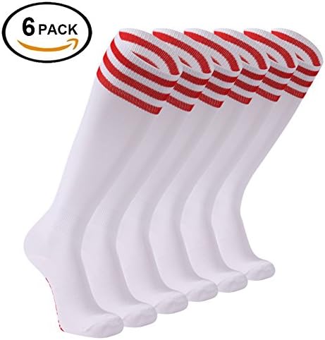 Professional Soccer Socks, FOOTPLUS Knee High Compression Triple Stripe Team Hockey Softball Volleyball Baseball Football Socks Pack, 6 Pairs White+Red Stripe, Large