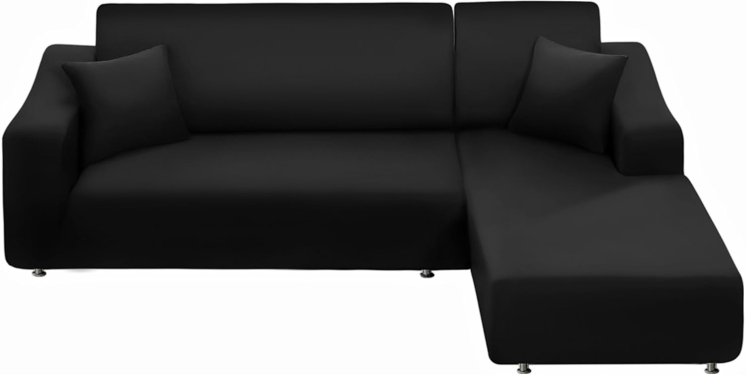 Slipcovers - NAISI Couch Cover L Shape 2 Pieces Sofa Cover Soft Stretch Slipcovers with 2pcs Pillowcases Furniture Protector Sectional Couch Covers 3 Seater + 3 Seater(Black)