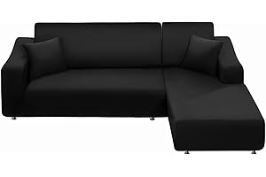 NAISI Couch Cover L Shape 2 Pieces Sofa Cover Soft Stretch Slipcovers with 2pcs Pillowcases Furniture Protector Sectional Couch Covers 3 Seater + 3 Seater(Black)