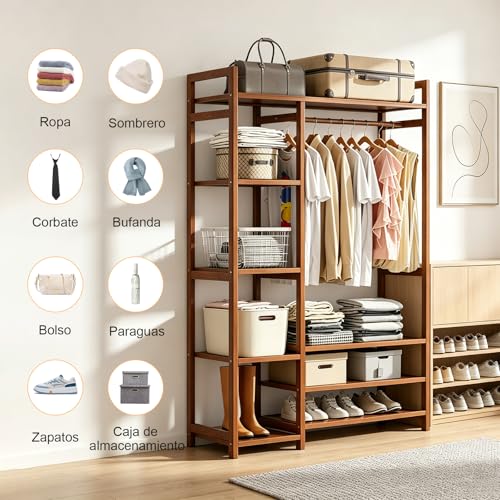 Perchero de Bambú Multiusos con 6 Niveles, Perchero para ropa Resistente con Barra para Colgar y Estantes de Almacenamiento, Adecuado para Dormitorio, Balcón y Lavandería,120 * 30 * 150CM（Marrón）