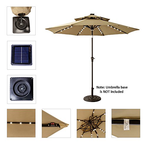 FLAME&SHADE 9 ft Double Top Solar Powered Outdoor Market Patio Table Umbrella with LED Lights and Tilt, Beige