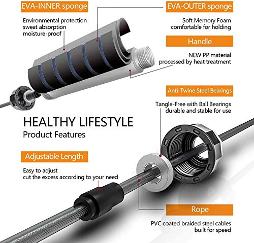 YeeSite-Skipping-Rope-Ball-Bearings-Tangle-Free-Jump-Rope-with-Memory-Foam-Handles-Adjustable-Jumping-Rope-for-Aerobic-Exercise-Fitness-Gym-Strength-Training-2-Pack