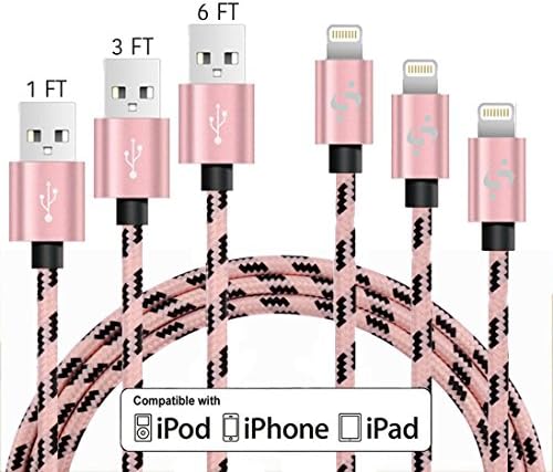 SyncTech Nylon Braided Durable 1FT 3FT 6FT Lightning Cable to USB High Speed Data Sync Charger for iPhone 7/6s/6/5/5s/SE/Plus iPad Mini/Air/Pro (D.) Pink - 1FT - 3FT - 6FT)