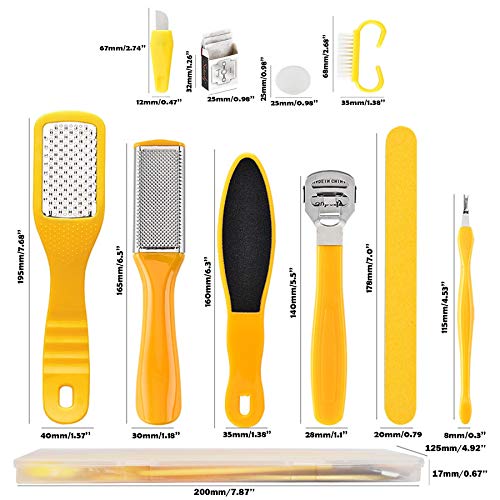 Happy Will 10 in 1 Professional Pedicure kit Foot Rasp Stainless Steel Foot File Callus Remover Kit for Women Men Home Travel Salon Foot Care Kit (Yellow)