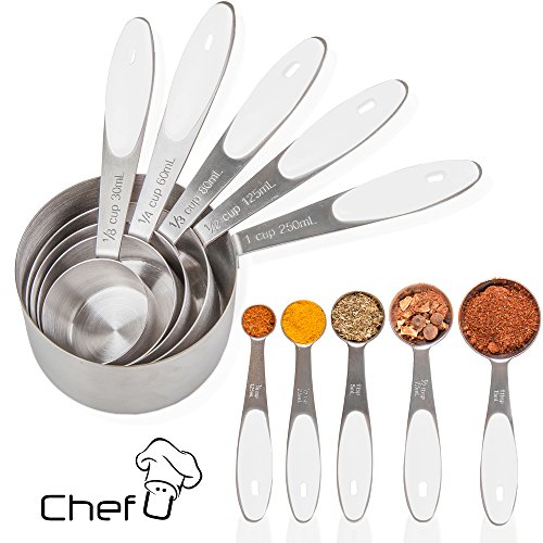 Measuring Cups and Measuring Spoons set by Chef U | Stainless Steel Measuring Cups and Spoons Set of 10 | Liquid Measuring Cup or Dry Measuring Cup Set | Stainless Measuring Cups | Nesting (White)