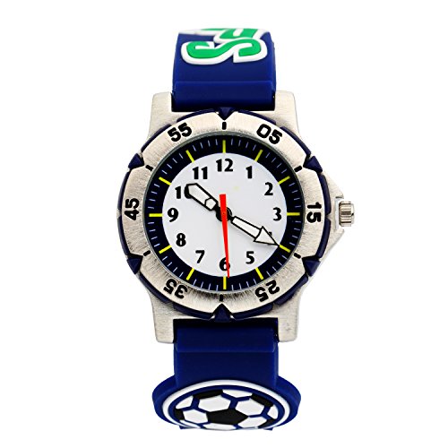 TOPCHANCES Kids Watches Students 3D Time Machines Time Teacher Analog Display Easy Read Wrist Watch Boys Quartz Watch with Rubber Band (Blue Football)