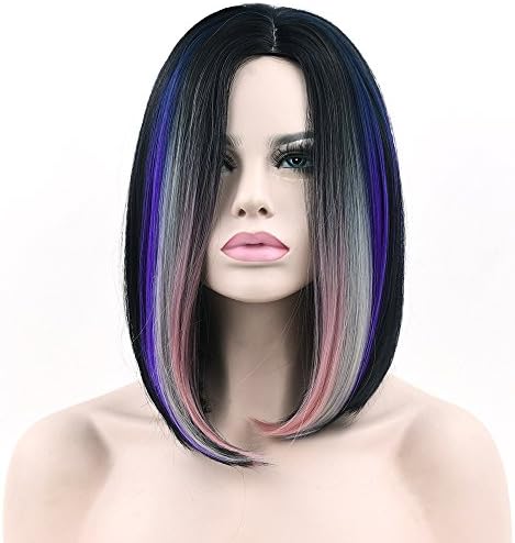 KUKISHOP Women Short Bob Ombre Pink Wig - Straight Hair Wigs Shoulder Middle Part (Pink)
