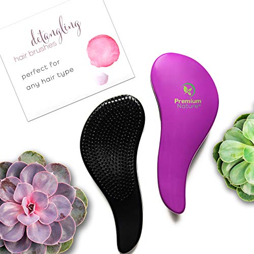 Detangling Hair Brush Gift Set - Two Piece No Pain Glide Thru Detangler Brushes For Curly Straight Wavy Wet & Dry Thick or Thin Tangle Hair Women Men Kids Hairbrush Teezer Comb Sets (Black & Purple)