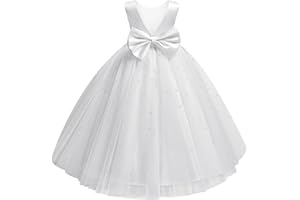 Dypaha Flower Girl Dress for Wedding Pearls Tulle Dress Kids Princess Communion Pageant Ankle Length Dresses with Bow-Knot