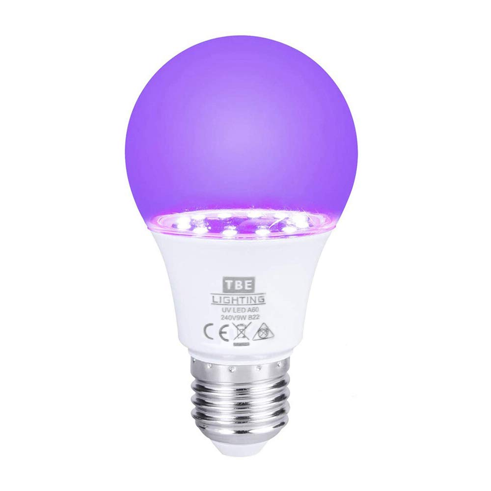 TBE LIGHTING UV LED Bulb - 9w Ultra Violet Black Light Bulbs - E27 Standard Screw Fitting - 395-400nm wavelength, Energy Saving Long Life LED A60 Bulb - 20,000Hrs Life Expectancy