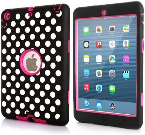 KINGCO For iPad Mini 2 with Retina Display (7.9 inch Tablet) &amp; iPad Mini (7.9 inch Tablet) Hot Pink Triple Layer Cute Polka Dot Printed Hard Soft Hybrid High Impact Armor Case Cover