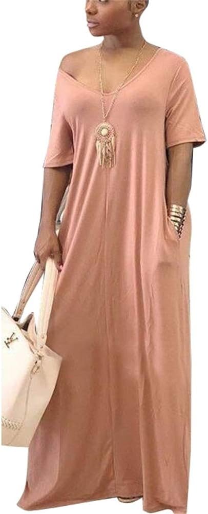 Women Sexy V Neck Off Shoulder Color Block Loose Casual Long Maxi Dress Plus Size