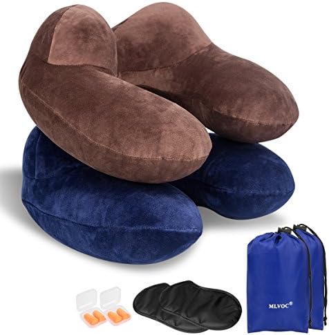Travel Pillow, LIANSING Inflatable Neck Pillows Ultimate Head Cushion for Airplane Traveling - Pack of 2, Brown + Blue, Standard Size