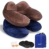 Travel Pillow, LIANSING Soft Velvet Inflatable Neck Pillow for Airplanes Cars Train Office, Head Chin and Neck Support, Foldable and Washable, Free Ear Plugs Eye Mask and Drawstring Bag ( Brown+Blue)