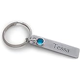 Custom Engraved Steel Tag Keychain with Birthstone Charm