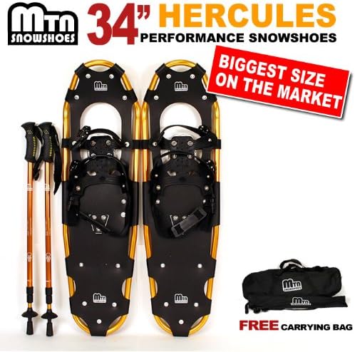 New MTN Man Woman Kid Youth 34" GOLD Snowshoes with Nordic Walking Pole Free Bag