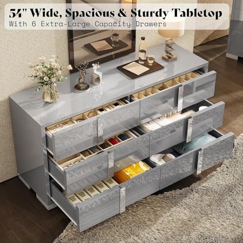 Jocisland 54" W High Gloss 6 Drawers Dressers with Silver Grooved Handles, Modern Storage Chest of Drawers with Wide Tabletop, for Bedroom/Dressing Room/Living Room, Grey