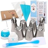 Russian Piping Tips-Cake Decorating Set 23 pcs- 7 Large Ball and Flower Tips-1 Reusable Silicone Icing Bag-10 Disposable Pastry Bags- Silicone Spatula- 2 Couplers- User Guide- Cleaning Brush+Gift Box