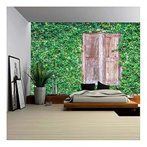 View of a Closed Wood Window and of a Wall Covered with Ivy - Removable Wall Mural | Self-Adhesive Large Wallpaper - 66x96 inches