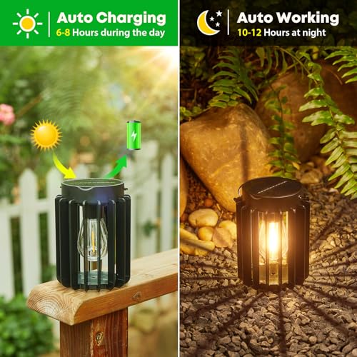 RECHOO Solar Lights for Outdoor Garden Hanging, Pack of 2 Solar Lanterns for Outdoor Use with Large LED Bulb, IP65 Waterproof Solar Lights for Outdoor Use with Clip for Patio, Lawn, Balcony, Yard, Garden Decoration