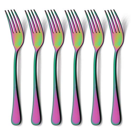 6 Piece Dinner Fork Set Rainbow Multicolor Stainless Steel Table Salad Dessert Fork Silverware Flatware Utensil Set of 6 Mirror Finish Dishwasher Safe 7.2 Inches