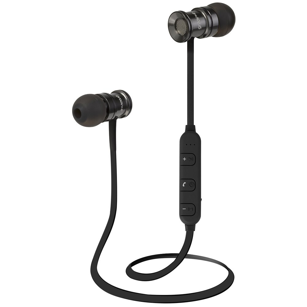 Groov-e Boom Buds Wireless Bluetooth In-Earphones for Gym Sports with Built-In-Mic, Hands-Free Calls, Volume Controls, Rechargeable Battery for iPhone, Samsung and All Tablets/Laptops - Black/Silver
