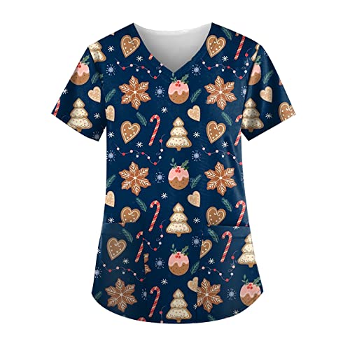 Christmas Uniforms Tops Women Plus Size Sport Type Shirts for Women Print V Neck Short Sleeve Blouse with Pockets Blue 3XL