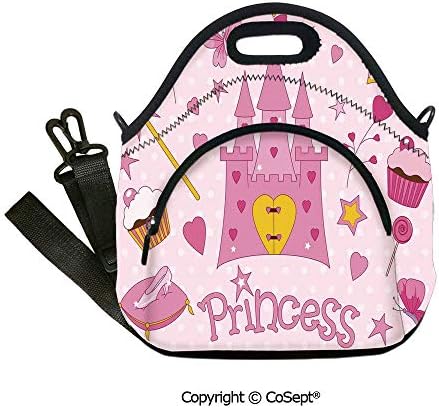 Multipurpose Neoprene Lunch Bag,Little Princess Tiara Slippers Fairy Castle Heart Lollipop Wand Cupcake Girls Party Print Decorative,Lunch Boxes Container Tote(12.59x6.29x12.59 inch)