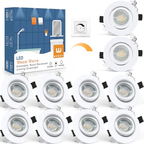 wowatt LED Spotlights, 230 V, Dimmable, 5.5 W Recessed Spotlights, LED, White, Replaces 60 W Halogen Ceiling Spotlights, 68 mm, Swivelling, Ultra Flat, IP44, Bathroom Recessed Lights, 2800 K, Warm