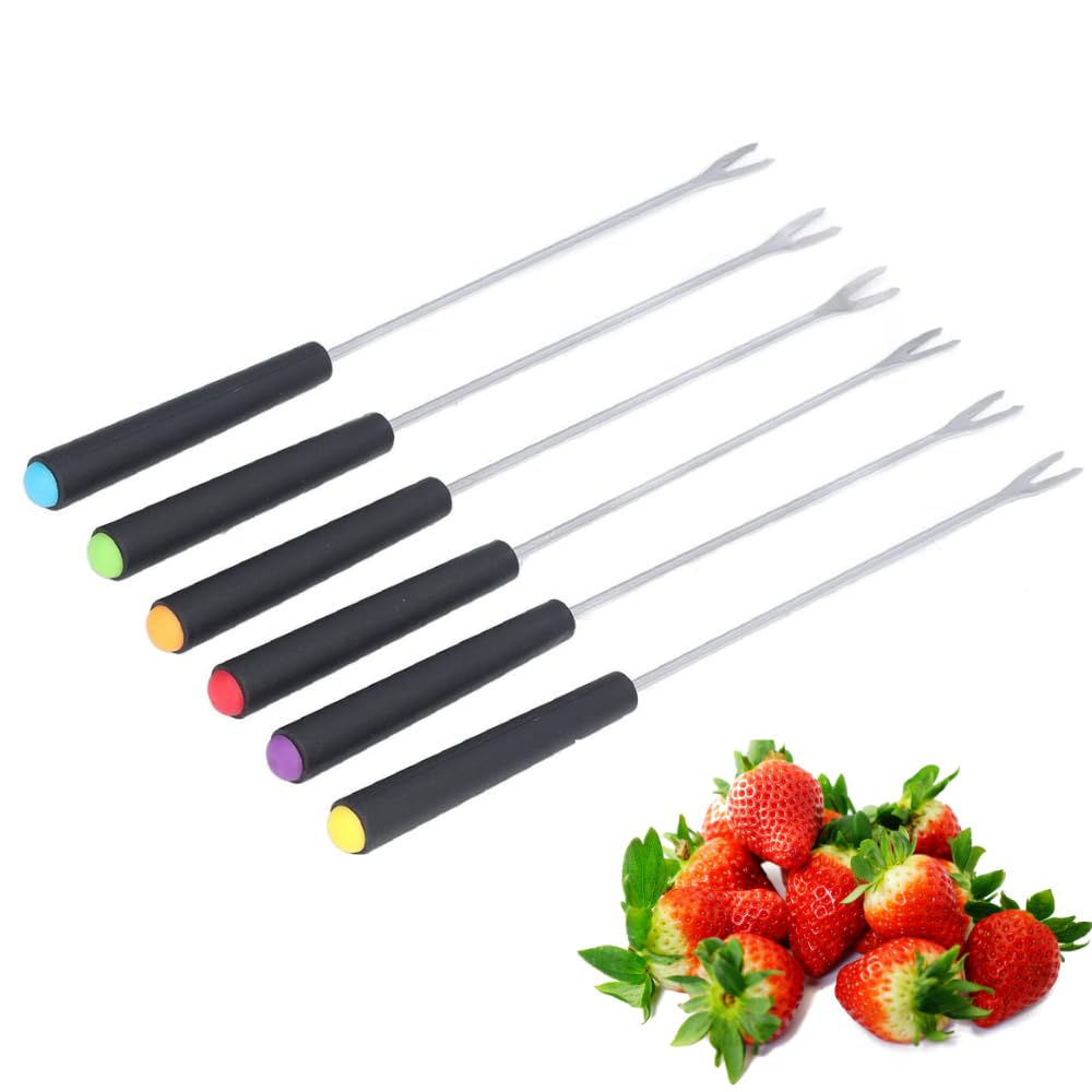VIFERR Fondue Forks, Reusable Long Forks for Fondue, 6PCS Stainless Steel Fondue Sticks 23cm Cheese Skewers with Heat Resistant Handle for Cake Chocolate Fruits Roast Meat