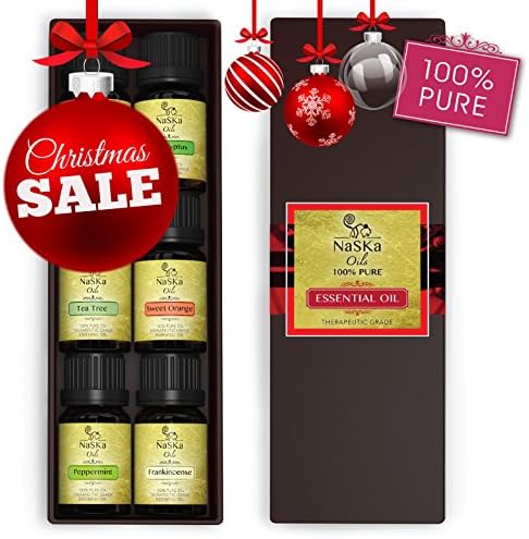 Naska Pure Therapeutic Grade Aromatherapy Essential Oils | Box with 6 Bottles of 10 Milliliter each (Eucalyptus, Lavender, Peppermint, Frankincense) | Ideal For Use in Diffusers and Humidifiers